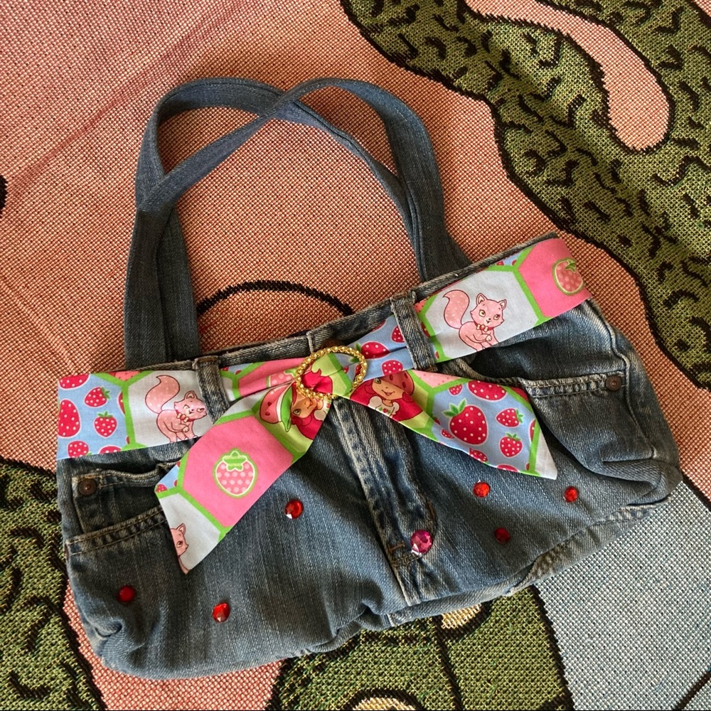 VINTAGE Y2K STRAWBERRY SHORTCAKE DENIM BAG, HANDMADE SHOULDER / HAND BAG